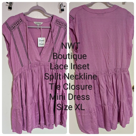 Boutique brand NWT Lace Inset Split Neckline Tie Closure Mini Dress size XL - Picture 2 of 4